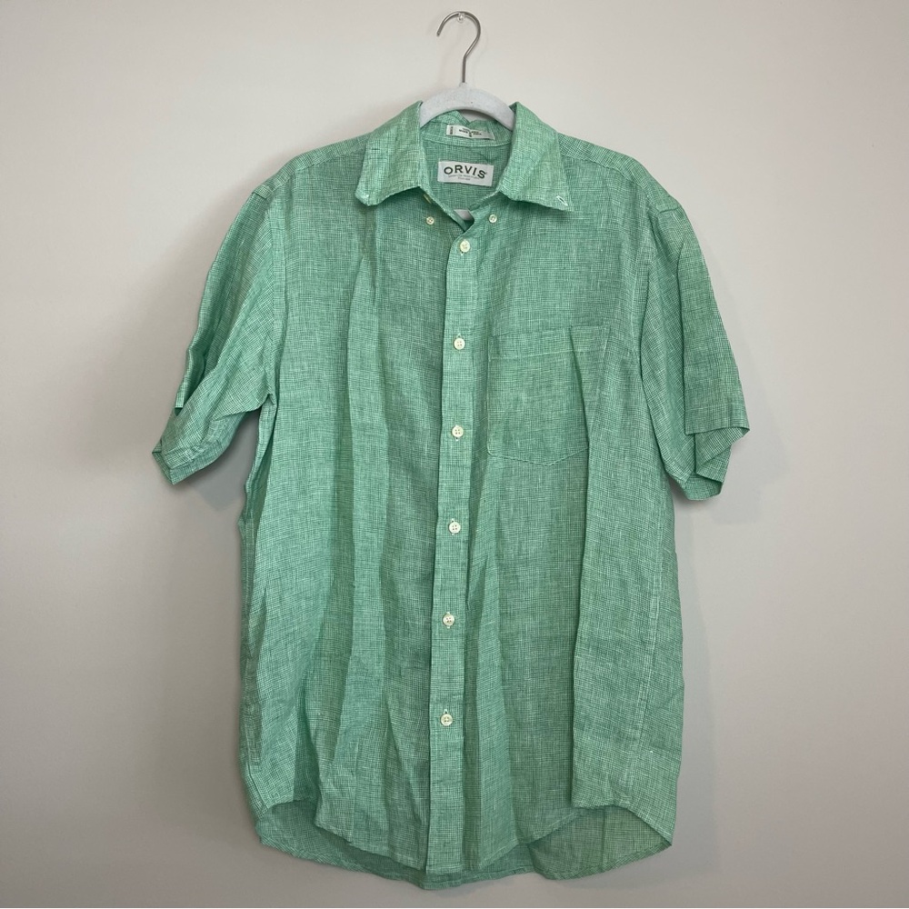 Orvis Green Gingham 100% Linen Collared Button Up Short Sleeve Mens Shorts